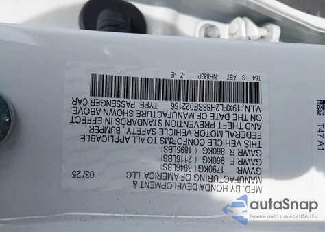 2025 Honda Civic Sedan Sport из США, поврежденный, VIN 19XFL2H88SE022166